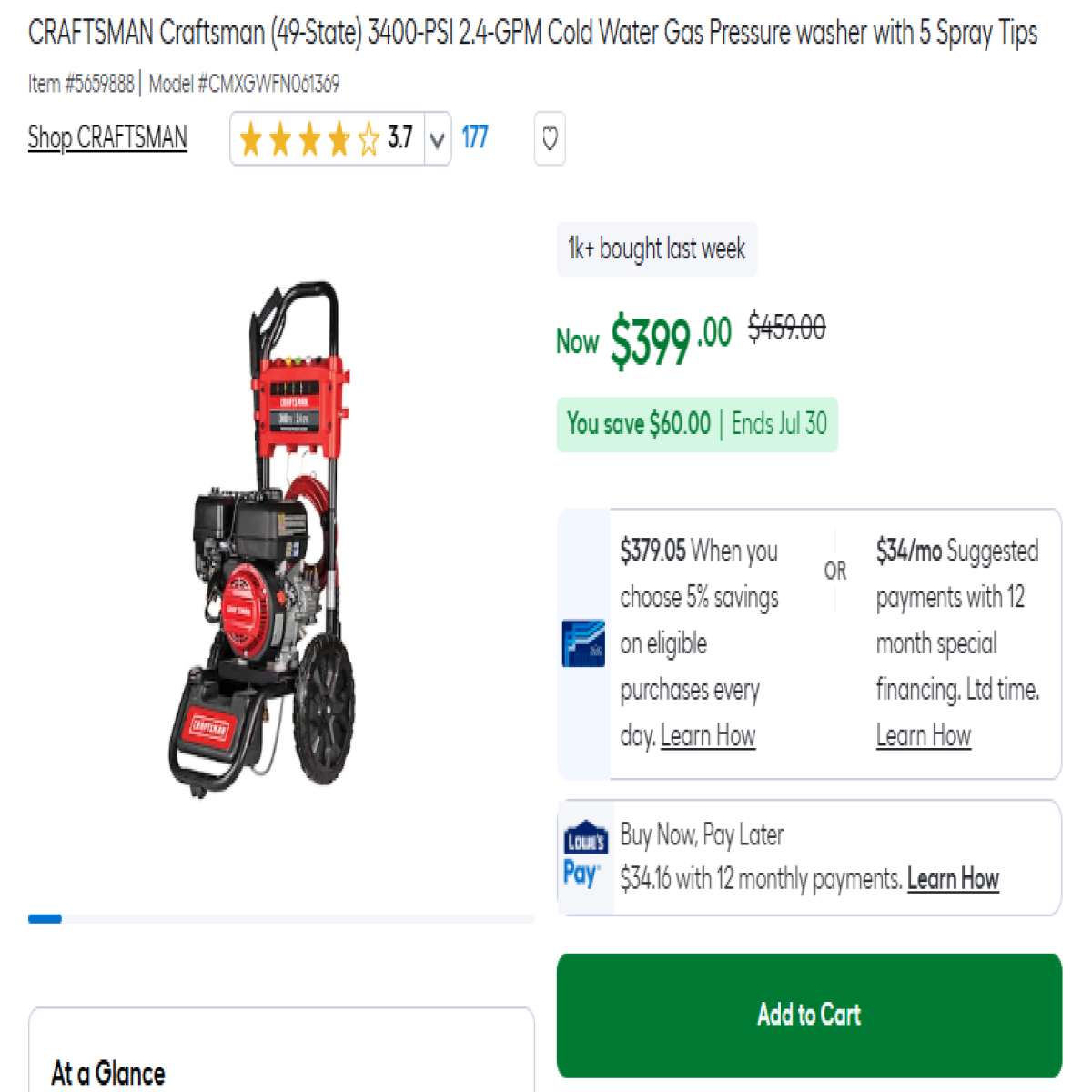 Craftsman 3400-PSI 2.4-GPM Cold Water Gas Pressure Washer - Photo 4